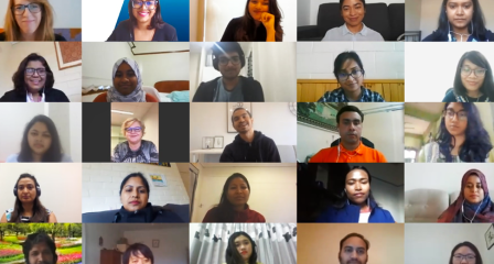 Julia Niblett, former High Commissioner to Bangladesh and current Assistant Secretary, South Asia Branch for the Department of Foreign Affairs and Trade (featured second from the left in the third row), attended a virtual meeting and shared words of encouragement with Australia Awards scholars from South and West Asia during physical isolation