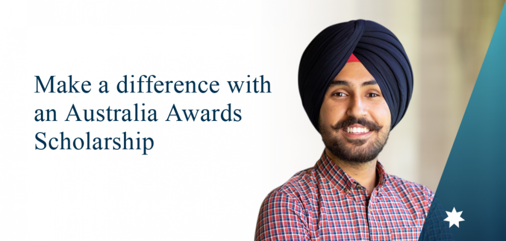 Australia Awards Scholarship application banner featuring a Sikh man