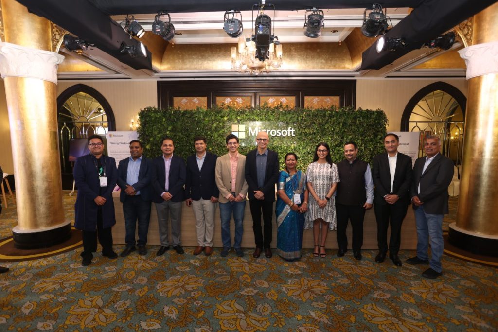 Smita (fourth from right) pictured with Satya Nadella, CEO Microsoft, after delivering a presentation to him on India’s advancement in generative AI for Access to Justice in 2024.