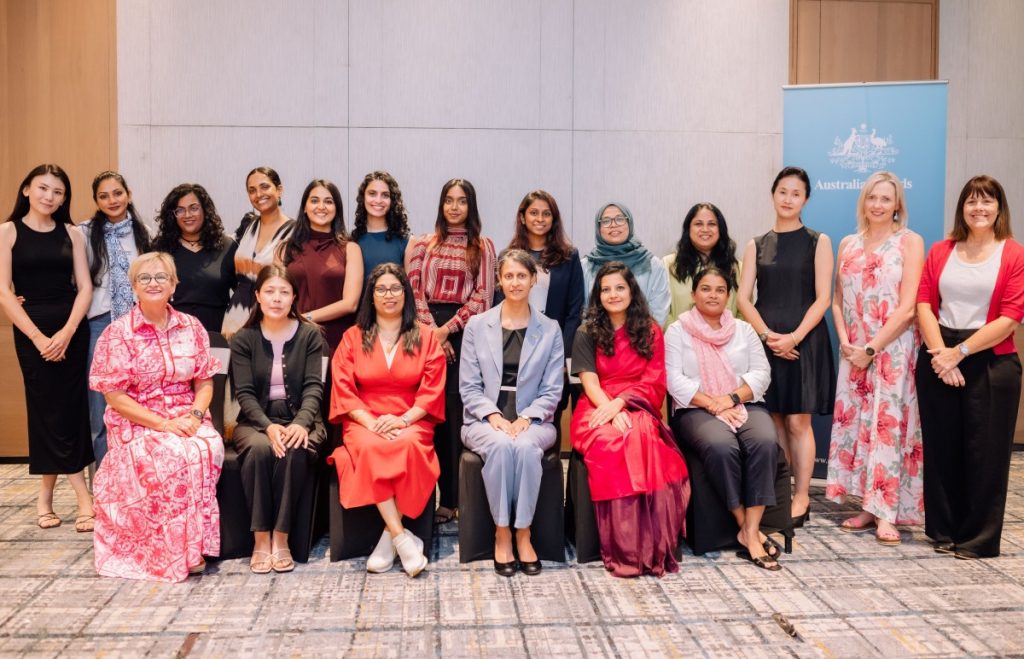 Smita (back row, fifth from left) marks the completion of the Short Course at a ceremony in Colombo, receiving her certificate from Lalita Kapur, then Australia’s Deputy High Commissioner to Sri Lanka.